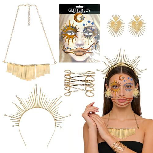 Sonne Göttin Kostüm Set,Haarreif Sonne Heiligenschein Krone Stirnband | Halsketten,Ohrringe,Gesicht Tattoo,Armband, Sonnengöttin Kostüm Zubehör für Damen Karneval Fasching Mottoparty Cosplay