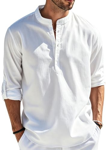 Cegerne Camicia Lino Uomo Maniche Lunghe Estiva Leggera Traspirante Henley Casual Maglietta Casacca Vacanze Spiaggia