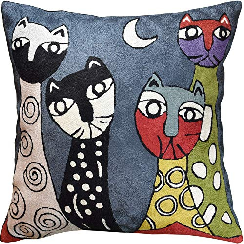 Kashmir Designs Picasso Katzenkissenbezug, dunkelgraue Katzenkissen, süßes abstraktes Katzengesicht auf Kissen, Kitty Geschenk für Katzenliebhaber, handbestickte Wolle, Größe – 45,7 x cm