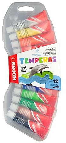 Kores - Temperas: Auswaschbare Placka Malfarben für Kinder, Anfänger und Schüler, Ungiftige Temperas in Tuben, Kräftige und Hochpigmentierte Farben, Set von 10 x 12 ml