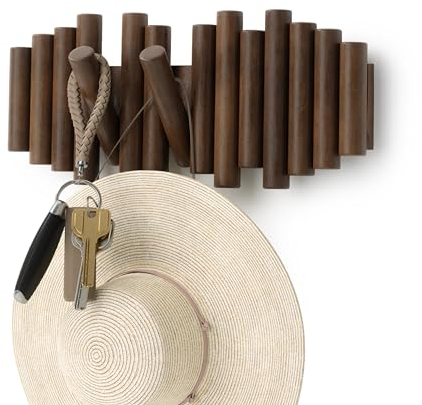 Umbra Picket Garderobenhaken - Garderobenleiste und Moderne Wand Dekoration mit 5 Klapphaken aus geschliffenem Kiefernholz, Walnuss Antik