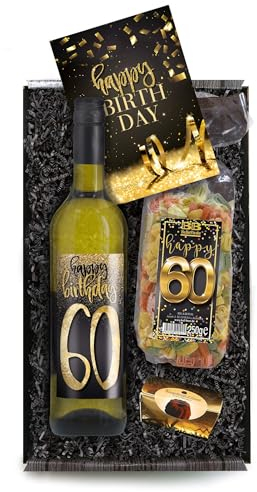 Bull & Bear Geschenkbox Happy Birthday 60, Set mit Weisswein, Nudeln und Geburtstagskarte, Geschenk zum 60. Geburtstag