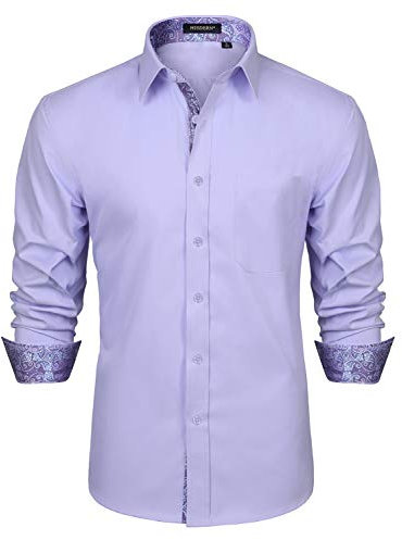 HISDERN Men Purple Dress Shirts Inner Contrast Floral Long Sleeve Casual Formal Classic Button Down Collar Business Shirt Violet XL