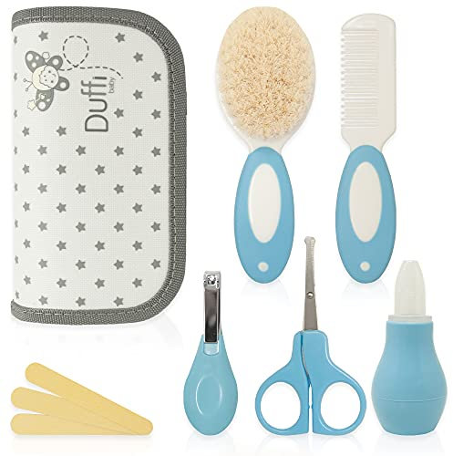 Duffi Baby Set per la cura del neonato Set Cura Bebes 6 pezzi. Kit di toilette Custodia con cerniera Spazzola Capelli Lima Unghie Pettine Aspirapolvere Nasale Forbici Unghie Taglia Unghie. 1260-12 Blu