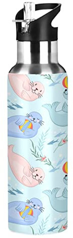 Mnsruu Adorable Boule De Bébé Phoque Bleu Isotherme Bouteille d'eau avec Paille, Gourde Sport en Acier Inoxydable 600ML Gourdes sans BPA pour Enfant Garçon Fille École Bureau