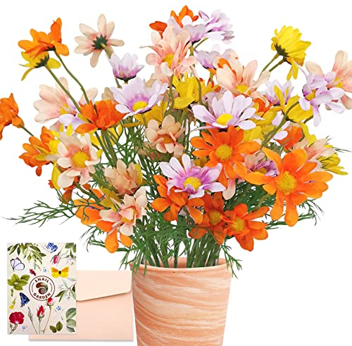 SNAIL GARDEN 12 Bündel Chrysantheme Kunstblumen, 50cm/60 Köpfe Künstliche Gänseblümchen Im Freien, 4 Farben Künstliche Gänseblümchen Künstliche Blume Lila/Gelb/Orange/Rosa mit Grußkarte