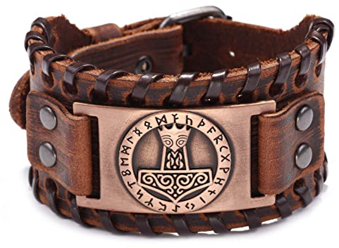 Pulsera con patrón de martillo de Thor, pulsera de cuero vikingo, pulsera de amuleto de runas nórdicas, Pulsera de nudo celta hecha a mano, pulsera vintage para mujeres hombres (Marrón)