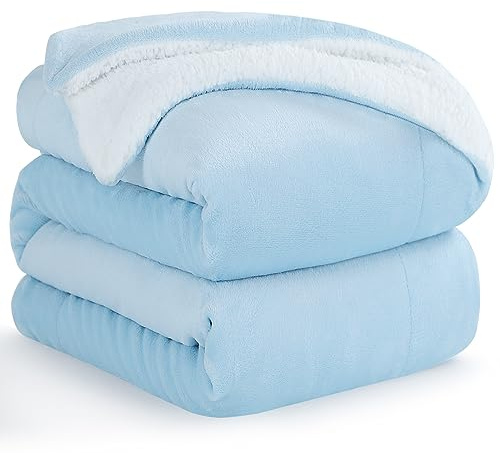 Aisbo Sherpa Fleece Sofa Blanket – 230 x 270 cm Winter Sofa Throw, 230 x 270 cm, Light Blue, Sheep for 2 People, Soft and Warm