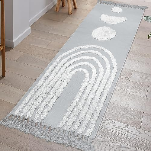 LINROMIA Teppich Läufer Flur Lang 60x180 cm, Boho Grau Regenbogen Getuftet Baumwollteppich mit Gewebt Quasten, Waschbarer Teppich für Badezimmer Küche Wohnzimmer Schlafzimmer Flur Esszimmer