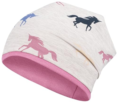 Smarilla Mädchen Mütze Beanie Übergang Stoff Baumwolle doppellagig, Größe: 50-52, Farbe: Einhorn-Ecru