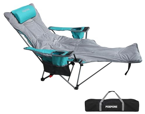 POEPORE Campingstuhl Faltbar mit Fußablage 4-Fach Verstellbarer Strandstuhl Liegestuhl Angelstuhl Campingstühle für Erwachsene mit Wattepad Kissen Getränkehalter Armlehnentaschen Cyan