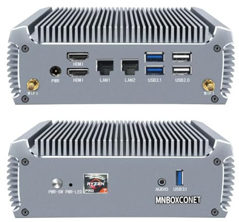 MNBOXCONET Fanless Mini PC AMD Ryzen 7 5825U (8C16T, fino a 4.5GHz) Windows 11 Pro, Dual LAN Office Desktop Computer, Barebone, Radeon Graphics, HD, WiFi6, BT5.2
