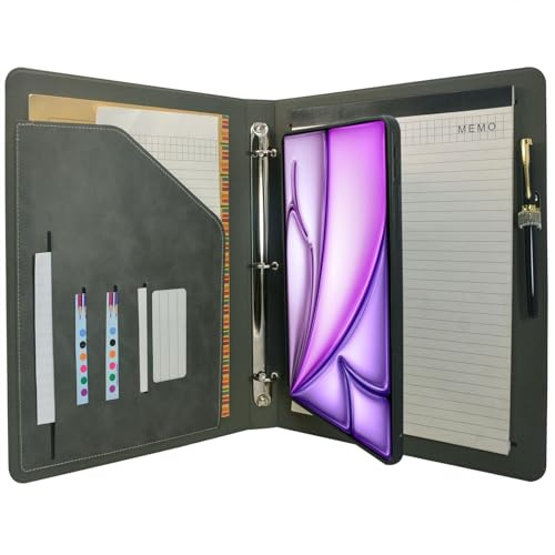 Tablet-Organizer, Portfolio-Hülle mit 3-Ringbuch, Ordner, Padfolio-Aktenordner mit abnehmbarer Tablet-Halterung, kompatibel mit iPad Air 11 Zoll M4/M3/M2 (2026/2025/2024), Grau