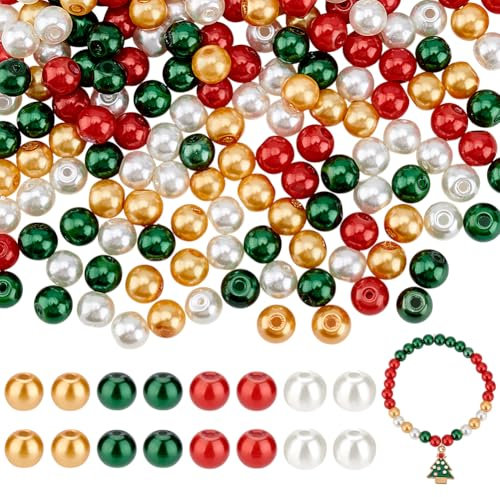 arricraft 320 pièces de Perles de Noël 6mm Verre Rond Cuisson Peint Perle Nacrée Rouge Vert Or Blanc Perles D'Espacement en Vrac Petites Perles pour la Fabrication de Bijoux Bricolage Boucles