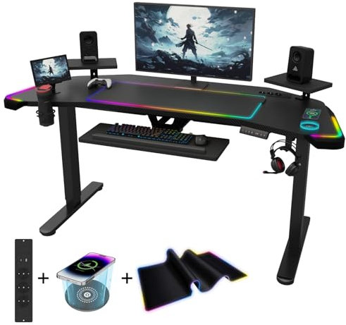 Devoko Bureau Gaming LED 162cm, Bureau Assis Debout Électrique, Bureau Gamer avec Chargeur sans Fil, Prise, Tapis de Souris RGB et Plateau pour Clavier, Bureau Réglable en Hauteur(162cm,Noir)
