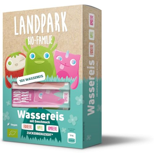 Landpark Bio-Wassereis 10x 40 ml - Unser Wassereis enthält kaum Zucker - 100% Bio Qualität - 3 Geschmacksrichtungen (4x Erdbeere, 4x Himbeere, 2x Apfel) - Das perfekte Eis für den Sommer