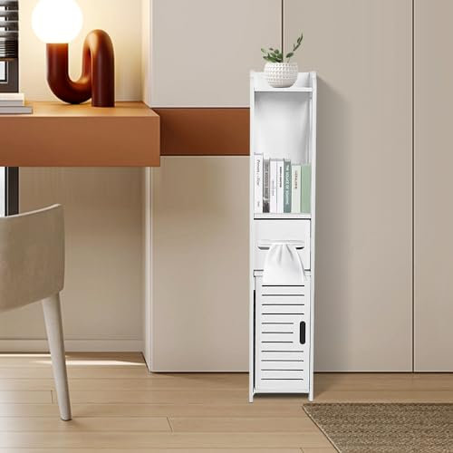 HUOLE Petit Meuble de Rangement pour Toilettes, Support Papier Toilette Armoire Toilettes Porte Brosse WC Meuble de Salle de Bain sur Pied en Bois, Armoire de Salle de Bain (20 * 15 * 80 cm ✩Blanc)