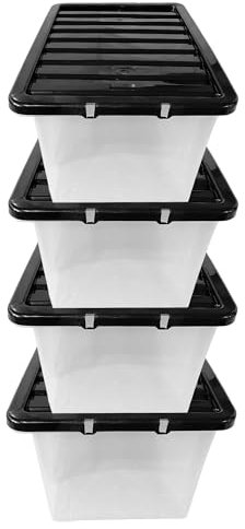KAPCO 50L Plastic Storage Box with Black Lid (Pack of 4) | Large, Stackable, Strong, Durable Clear Box Containers for Home & Office | Multipurpose Storage Tubs | 60 x 40 x 33cm | 50 Litre - 4 Pack