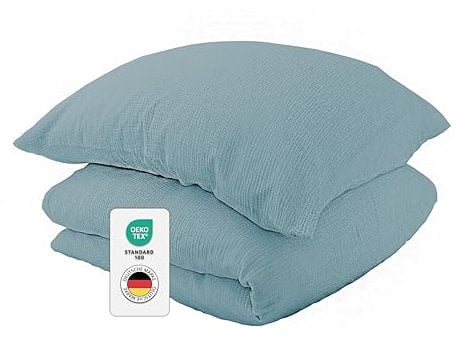 jilda-tex Bio-Bettwäsche Musselin Medina 100% Bio-Baumwolle Reißverschluss Knitterlook Bügelfrei Uni Made in Green (Steinblau, 135x200 + 80x80 cm)