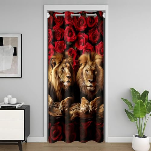 Loussiesd Löwe Türvorhang 150x203cm 1-Panel Rose 3D Wild Tier Muster Vorhang WildLeben Stil Dekor Vorhang für Innentür Raumteiler