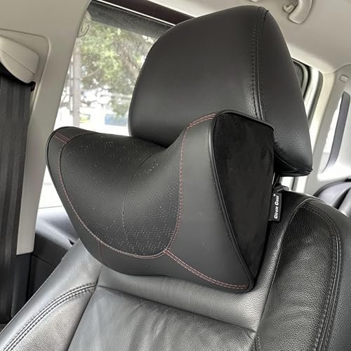 ThamesComforts Premium Memory Foam Car Neck Pillow - 3D Ergonomic Design, Leather Cover, High Support for Neck & Spine Relief - Ideal for Long Drives, Road Trips,Office & Travel (Black)