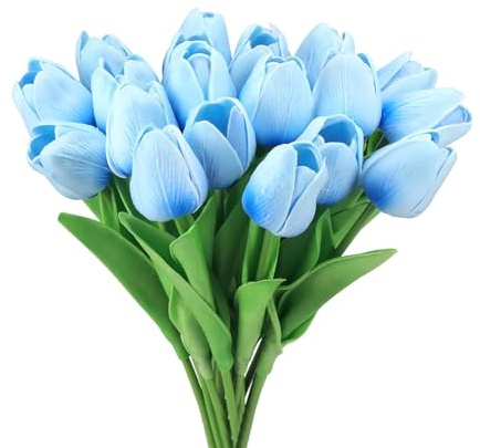 GIUSOBG Tulipani Artificiali 15 Pcs Fiori Artificiali Finti 34cm Tulipani in lattice Fiori Finti di Realistici Bouquet di Fiori finti per Casa per Matrimoni,Giardino (Blu lago)