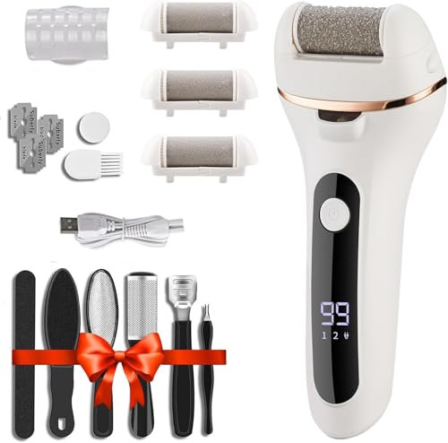 Electric Foot File, Professional Feet Hard Skin Remover, Rechargeable Foot Callus Remover Pedicure Kit with 3 Roller Heads for Dead Skin Dry Skin