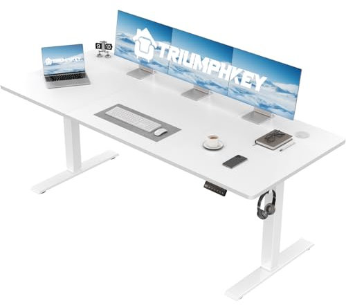 TRIUMPHKEY scrivania regolabile in altezza 110x60cm, piccola scrivania da computer salvaspazio, ideale per ufficio studio e gaming in camera da letto, Bianco