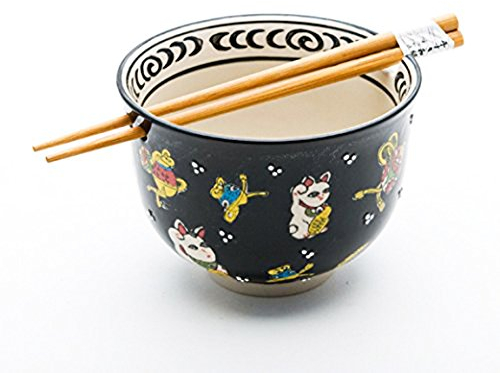 Happy Sales HSRB-LUCA, Japanese Ramen Udon Noodle Bowl with Chopsticks Gift Set, Lucky Cat