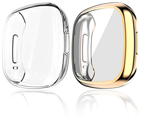 MJRom Hülle Kompatibel mit Fitbit Versa 3/Sense Schutzhülle, [2 Stücke] Vollständige Abdeckung Weiche TPU Cover Case Schutzfolie für Sense/Versa 3 Smartwatch (Klar+Bronze Gold)