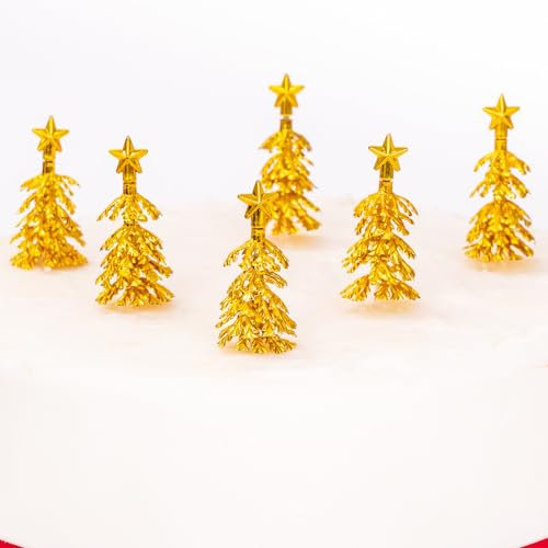 Christmas Cake Decoration Yule Log Cupcake Toppers Gold Fir Trees Pack of 6