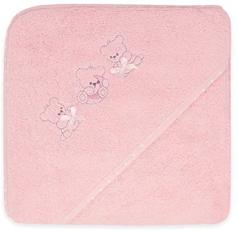 Duffi Baby - Toalla Baño Bebe con Capucha. Capa de Baño Infantil 80 x 80 cm. Toalla Bebe Recien Nacido 100% Algodon. Super Suave Absorbente. Niños y niñas. 3 Ositos. Color Rosa. 1194-06
