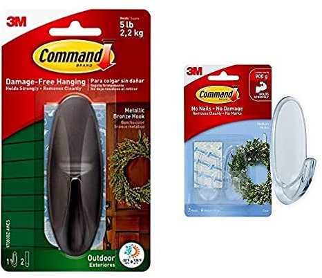 Command Large Designer Metallic Bronze Hook with Adhesive Strips & 17091CLR Medium Hook, Pack of 2 Hooks and 4 Adhesive Strips, Transparent - Damage Free Hanging - Holds up to 900 gm, Clear
