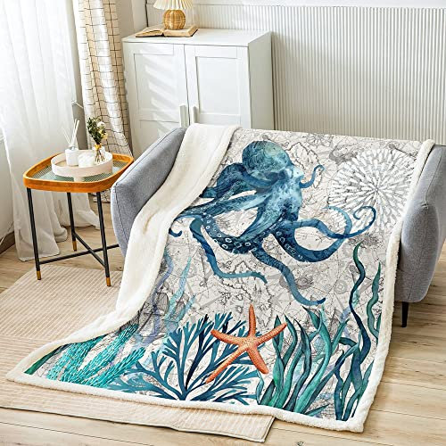 Homemissing Octopus Überwurfdecke, Ozean, Kraken, Plüschdecke für Bett, Sofa, Kinder, Oktopus, Tentakel, Decke, Meer, Marine, warm, Einzelbett, 127 x 152 cm