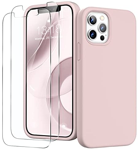 GOODVISH 3 in 1 for iPhone 12 Pro Max Case Liquid Silicone with 2x Screen Protector, Anti-Scratch Full covered Microfiber Lining Shockproof Protective Slim Phone Case Cover 6.7, Sand Pink