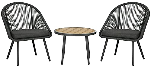 Outsunny 3-TLG. Gartenmöbel Set, Rattan Balkonmöbel, inkl. Tisch und 2 Stühle, Gartensitzgruppe mit Kissen, verstellbaren Füßen, Alu, für Terrasse, Balkon, Dunkelgrau