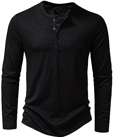 Men's Casual Grandad Collar Henley T Shirt Muscle Fit Summer Smart Long Sleeve 4 Buttons Tee Slim Fitted Collarless Polo T-Shirts Tops-Z-Black-M