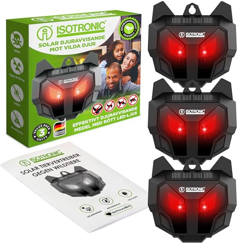 ISOTRONIC Repellente Solare Animali Selvatici LED Rosso, Dissuasore per Procioni Cervi Volpi Cinghiali, Raggio d'azione 40m², Deterrente Efficace Esterno e Giardino, Protezione Sicura (3 Unità)