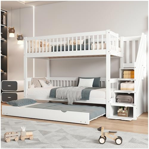 Sapgaks Litera con Cama Nido y Escalera de Almacenamiento, literas Juveniles 90x190/200 cm,Cama Infantil con Barrera anticaída, Pino+MDF,Blanco