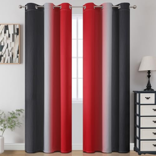 VEHEDE Farbverlauf Ombre Rot Schwarz Gardinen Wohnzimmer mit Ösen Thermovorhang Kälteschutz, Schallschutz Verdunkelung Blickdicht Vorhänge Schlafzimmer Verdunklungsvorhänge, H 214 x B 107 cm, 2er Set