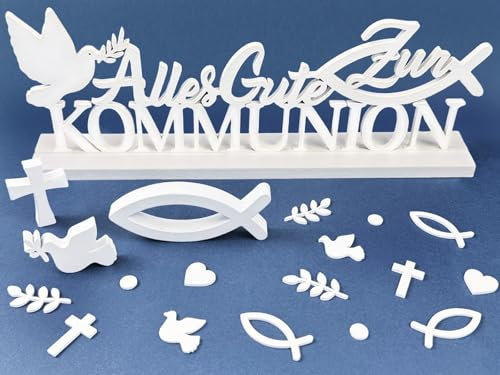 Kommunion Deko, Schriftzug Tischdeko Kommunion 65 Stück, Erstkommunion Deko Holzfische Holzkreuz Taube, Streudeko Fische, DekoKommunion Mädchen Junge