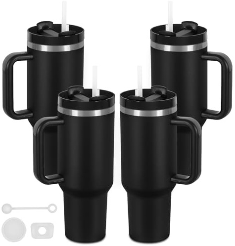 Temolulu 4 Pack 40 Oz Tumbler with Handle Bulk, Double Wall Vacuum Insulated Stainless Steel Tumbler with Lid and Straw, 40 oz cup with Silicone Spill Proof Stopper Set (Black)