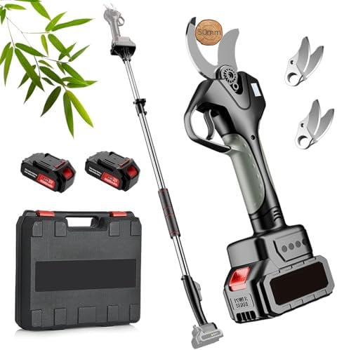 Forbici Potatura a Batteria con Asta, 50mm Forbice Potatura a Batteria con 2 * 4500 mAh Batteria, Cesoie Potatura Elettriche Professionali con Display per Giardino, Frutteto, Giardinaggio