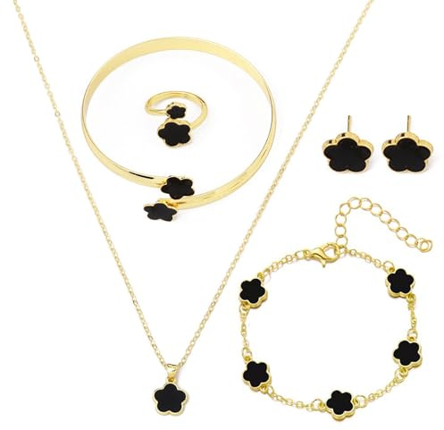 Vierblättriges Glücksklee Schmuckset 5 Stück Adjustable Glückliches Fünfblättriges Kleeblatt Legierung Schmuckset Vierblättriges Halskette Ringe Ohrstecker Armreif Armband Set Für Geschenk, Schwarz