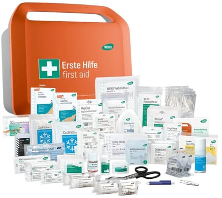 WERO Smart Case groß Erste-Hilfe-Koffer für Kindertagesstätten DIN 13157 | kompakt, robust & übersichtlich, staub- & spritzwassergeschützt, mit Farbleitsystem, mit Wandhalterung