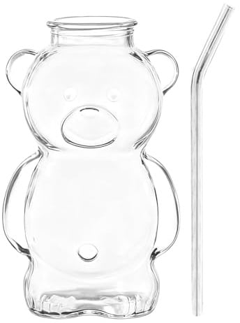 Generisch Glass Coffee Cups | 320ml Bear Clear Glassware with Straw | Cute Transparent Drinking Cups for Iced Hot Tea Milk Juice Water Cocktail Beer Home Bar Office Party