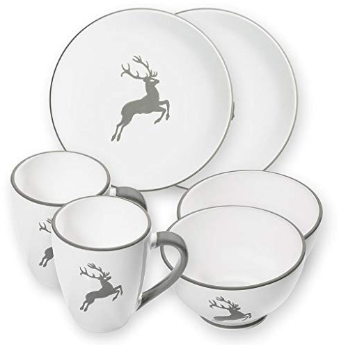 GMUNDNER KERAMIK Hüttenfrühstück Cup für 2 Geschirrset 6-teilig Grauer Hirsch Geschirr, handgemacht in Österreich