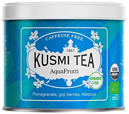Kusmi Tea - AquaFrutti - Bio-Mischung aus Hibiskus, Granatapfel, Apfel, schwarzer Johannisbeere und Goji-Beeren - Heiß oder als Eistee genießen - Loser Früchtetee - 100 g Metalldose für etwa 50 Tassen