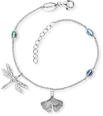 Engelsrufer Armband aus Sterlingsilber mit Libellen und Ginkgo Anhänger in den Farben Silber-Grün-Blau, Länge: 17cm + 3cm, ERB-JOYNATURE-ZIM