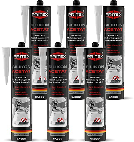 PRITEX – Sanitär Silikon transparent 6x 300 ml zum Abdichten & Verfugen – Acetat für Bad, Dusche & WC – wasserdicht, langlebig & schimmelresistent – Fugendichtmasse mit sehr guter Haftung